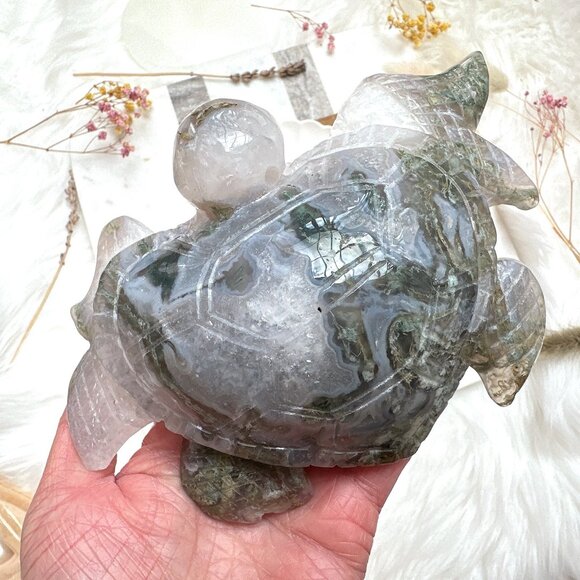 Gorgeous Large Moss Agate Sea Turtle Carving - Picture 1 of 9